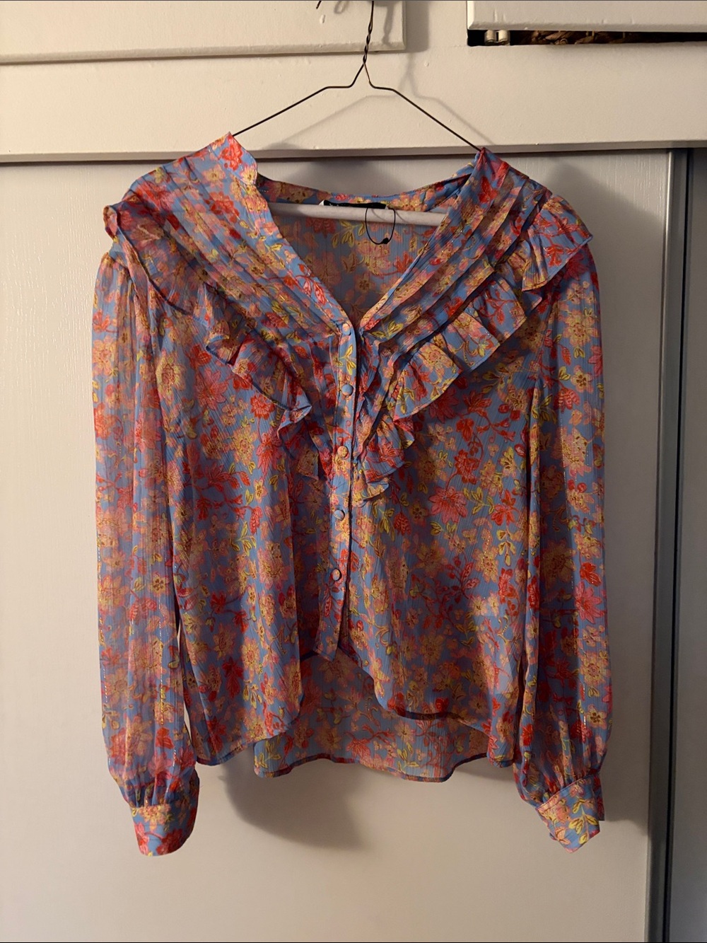 Floral Ruffled V-Neck Blouse in Periwinkle, yellow, and Coral